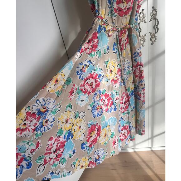 Vintage 80s Floral Print Sundress Size Small Made USA KNee length Tan Red - Picture 5 of 6